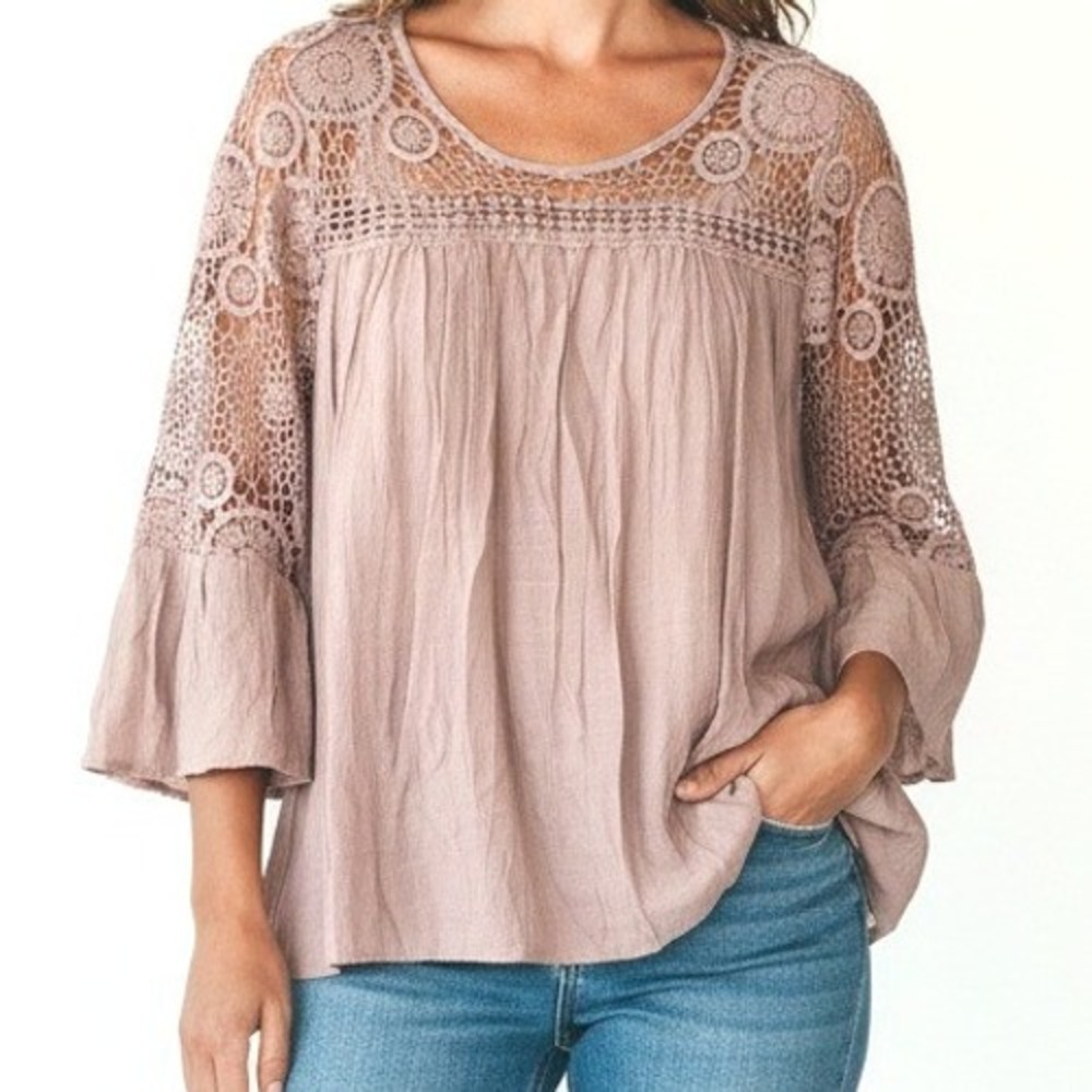 Indigo Rose Womens Crochet Lace Bell Sleeve Blouse Poly Rayon Boho Mauve 3X